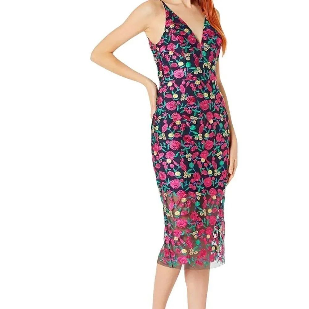 NWT Dress the Population Dress Women's XS Multicolor Aurora Plunge Bodycon Midi
